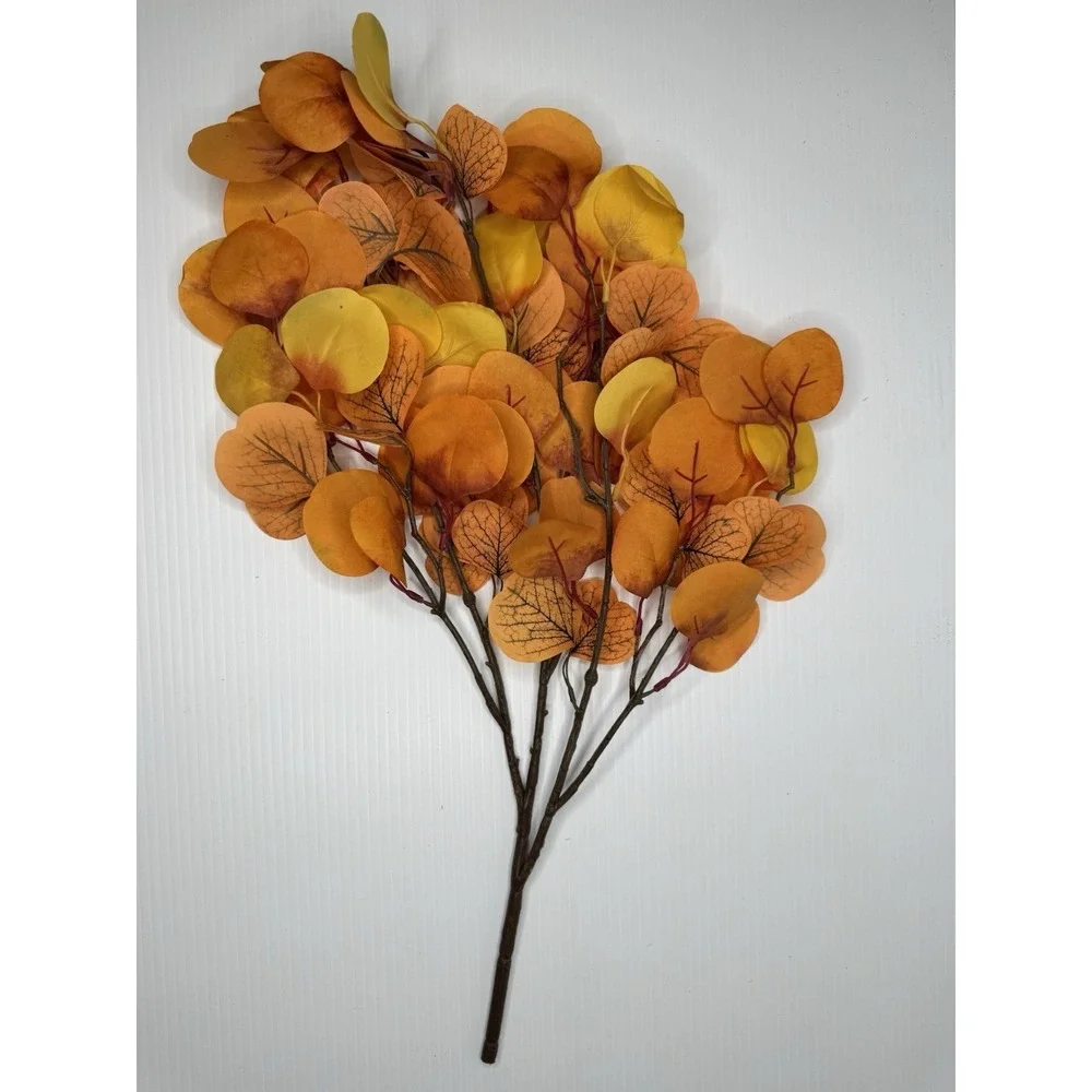 Faux Round Leaf Bush Fall Autumn Orange Yellow Eucalyptus Style Floral Decor